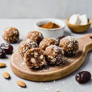 Selbstgemachte Dattel-Energieballs auf einem Teller, garniert mit Nüssen – gesunder Snack für unterwegs oder als süße Zwischenmahlzeit.