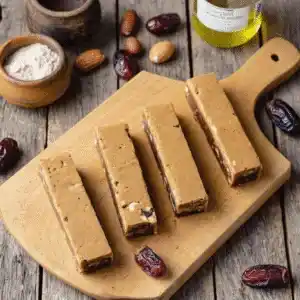 Selbstgemachte Dattel-Nuss-Riegel auf einem Teller – gesunder Snack für unterwegs oder als süße Zwischenmahlzeit.
