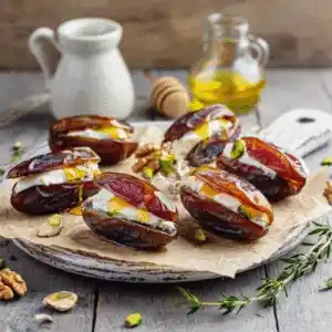 Gefüllte Datteln mit Frischkäse auf einem Teller – süßes Fingerfood für Partys oder als Vorspeise.