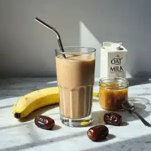 Dattel-Bananen-Smoothie in einem Glas mit frischen Zutaten – gesunder Energydrink für unterwegs.