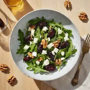 Salat mit Datteln, Feta und Walnüssen auf einem Teller – fruchtig, herzhaft und knackig.